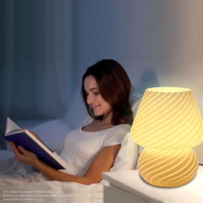Mushroom Lamp,Glass Mushroom Bedside Table Lamps Purple Translucent Murano Vintage Style Striped Small Nightstand Desklamp Swirl Light for Home Decor, Dining, Living, Bedroom, Gift (Stripe Purple)
