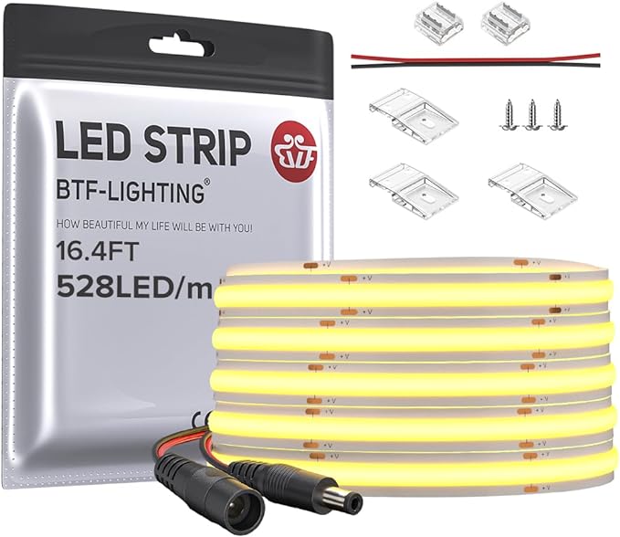BTF-LIGHTING FCOB COB LED Strip 528LED/m Flexible High Density Uniform Light 14W/m 16.4FT DC24V Daylight White 6000K CRI 90+ 10mm Width for Home Indoor Decoration(No Adapter or Controller)