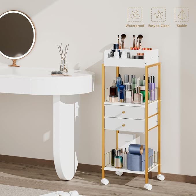 Makeup Organizer Cart Shelf Floor Skincare Organizers Make Up and Station Storage Cabinet For Vanity Standing Cosmetics With Drawers and Wheels For Nail Polish Perfume Hair Tool Holder Beauty(Gold)