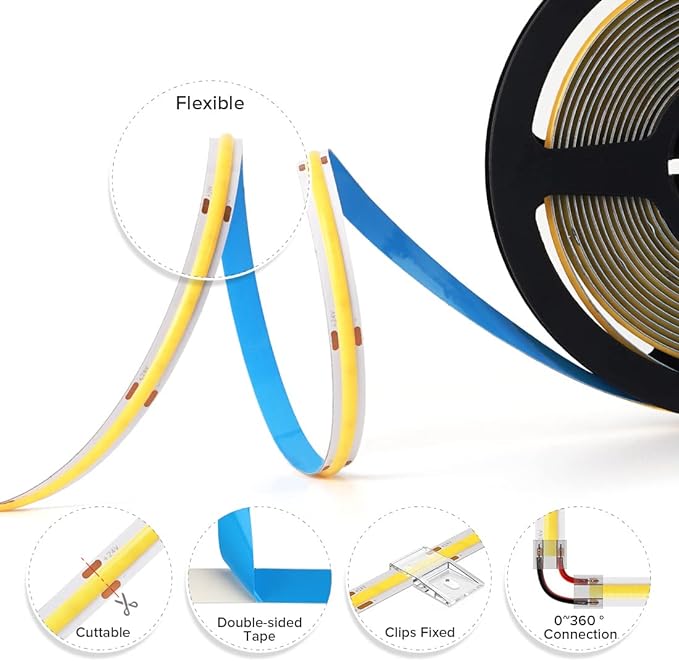 BTF-LIGHTING FCOB COB LED Strip Flexible High Density Uniform Light 8W/m 32.8FT DC24V Daylight White 6000K CRI 90+ 8mm Width LED Ribbon for Bedroom Indoor Decor(No Adapter or Controller)
