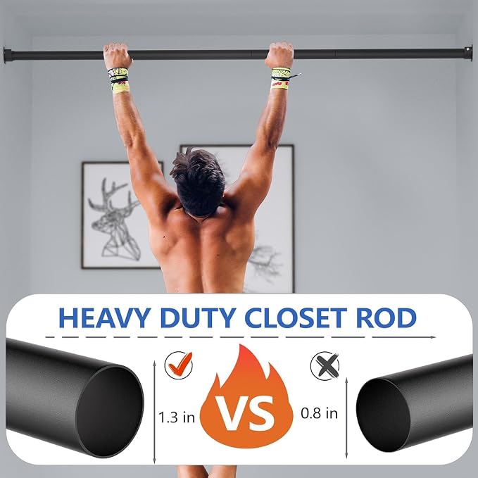 SUTINE Closet Rod, 17 to 68 Inch Closet Rods for Hanging Clothes, Heavy Duty Adjustable Clothes Hanging Bar Rod Matte Black Closet Poles for Wardrobes, Closet, Bathroom, Windows,1.3 Inch Diameter