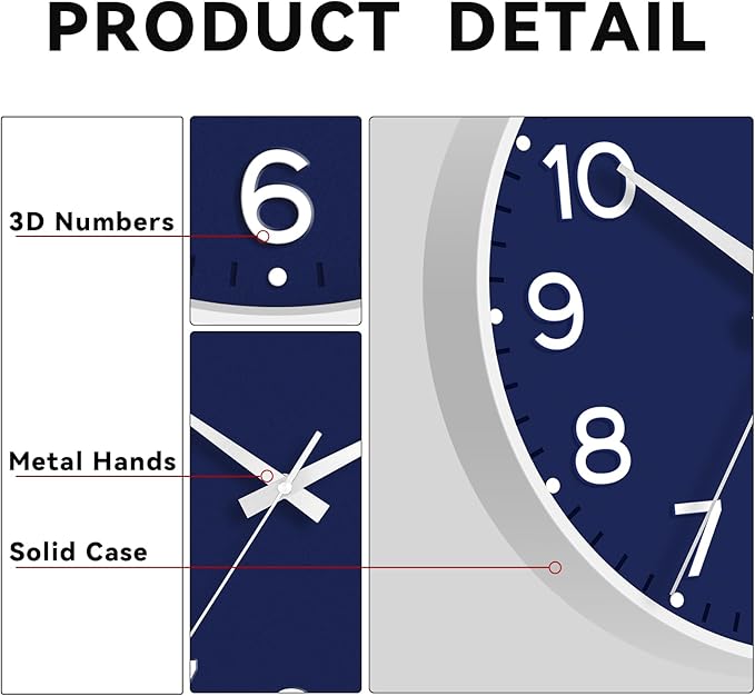 Roymnie Wall Clock 12 Inch Silent Wall Clocks Battery Operated- Modern Non Ticking Analog Clock Decorative for Living Room Bedroom Office Kitchen(Navy Blue)