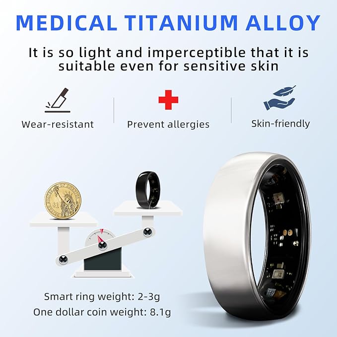Smart Ring Titanium Fitness Sleep Tracker Health Monitoring Blood Pressure Blood Oxygen for iPhone and Android 7 Days Batterty Life (Silver, 10) Full Charge First Use