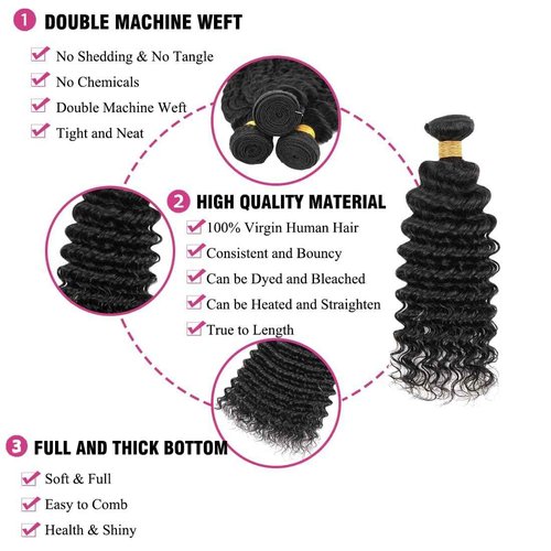 Condescension Brazilian Human Hair Bundles 22 24 26 Inch Deep Wave 3 Bundles Human Hair 100% Unprocessed Remy Brazilian Virgin Weave Hair Natural Black for Women