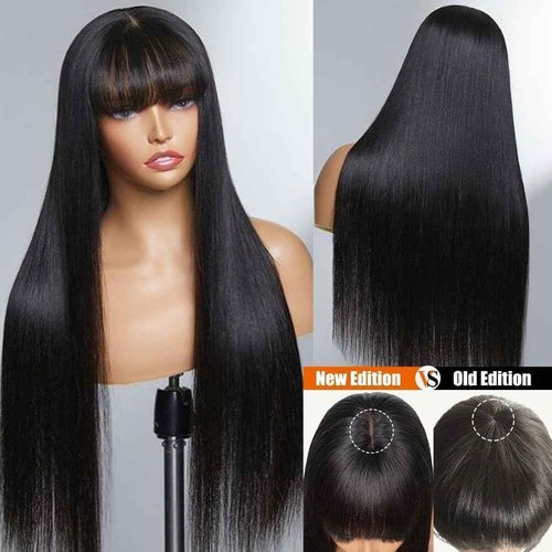LOVFIR Straight Wig with Bangs Human Hair for Black Women Upgrade 2x1 HD Lace Glueless Wigs with Bangs Human Hair 150% Density Brazilian Virgin Hair 18 Inch