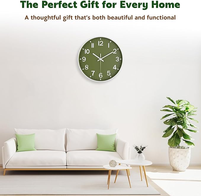 Silent Wall Clock Non-Ticking Battery Operated – Modern Olive Green Analog Wall Clock for Living Room, Kitchen, Office, Bedroom – Stylish Home Wall Decor Clock, 10 Inch