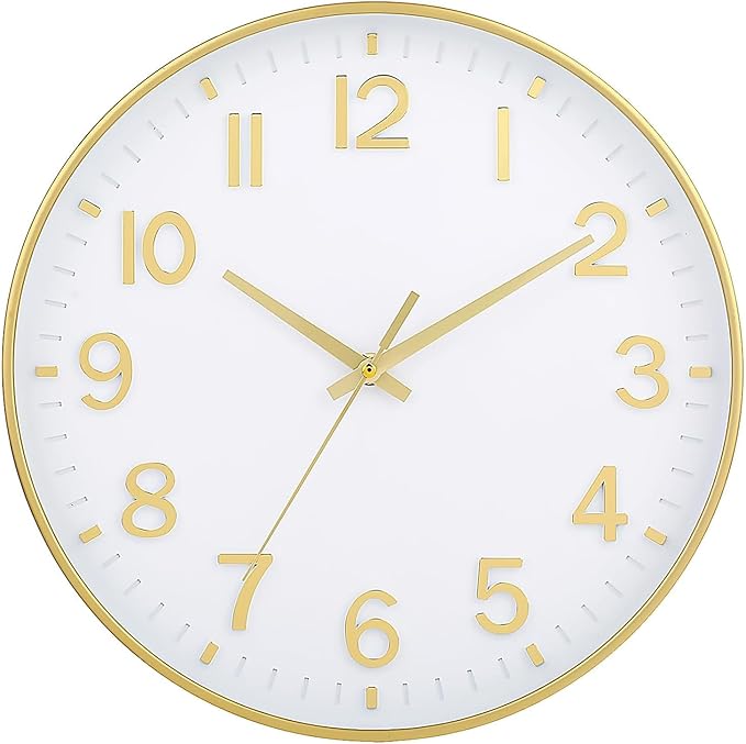 HZDHCLH Wall Clocks Battery Operated,Wall Clock White Gold,8 inch Wall Clock Silent Non Ticking Modern 3D Numbers for Office Kitchen Classroom Bedroom Living Room Decor