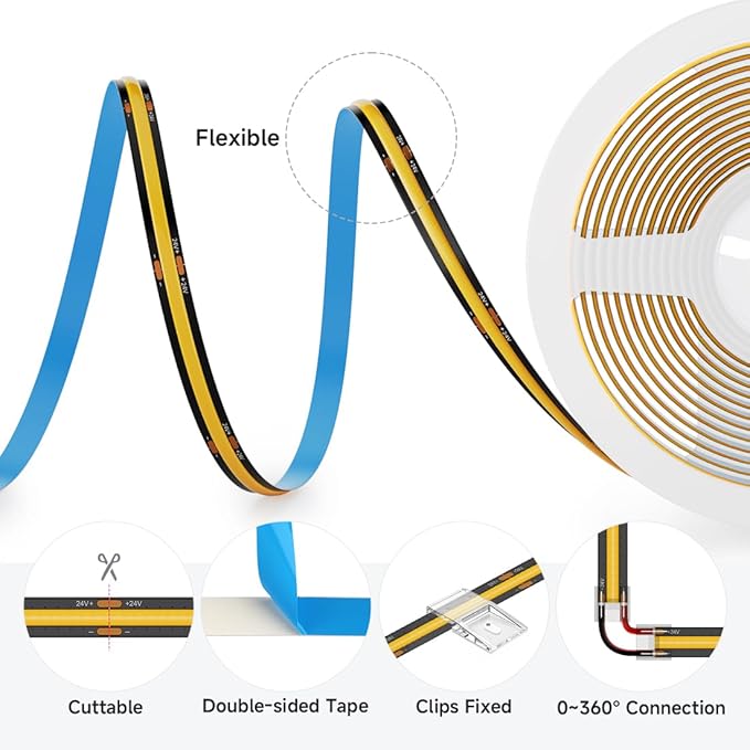 BTF-LIGHTING FCOB COB LED Strip 480LED/m Flexible High Density Uniform Light 9W/m 16.4FT DC24V Warm White 3000K CRI 90+ 8mm Width LED Ribbon for Indoor Decor(No Adapter or Controller)