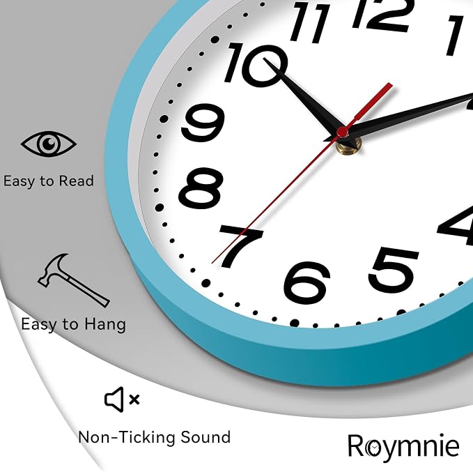 Roymnie Wall Clock Silent Non-Ticking Modern Clock Battery Operated 8 Inch Small Classic Analog Decorative for Kitchen, Living Room, Office, Bedroom, Bathroom (Blue)
