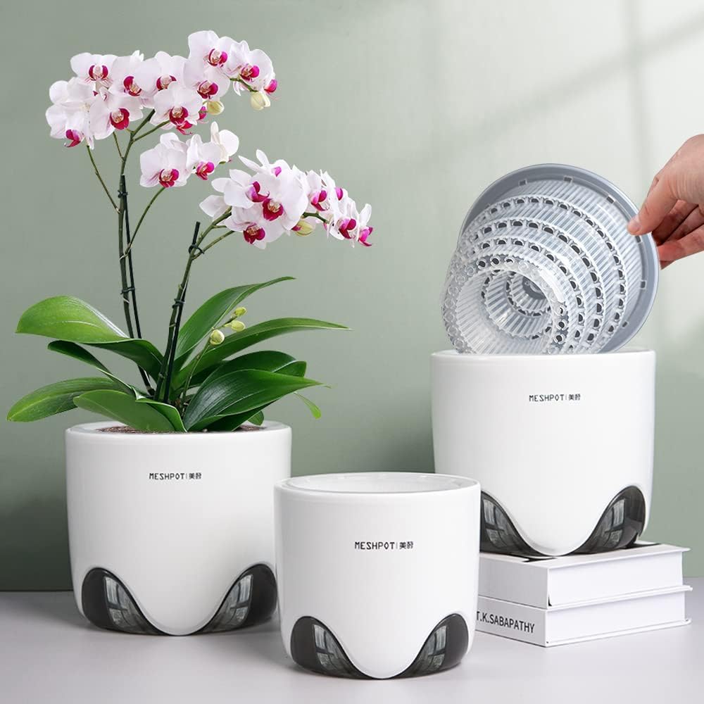 5 inch Orchid Pots with Holes for Repotting with Excellent Airflow, Set of 2, Double Layer Plastic Imitate Ceramic Orchid Planter, Clear Orchid Pot Match Decorative Orchid Container