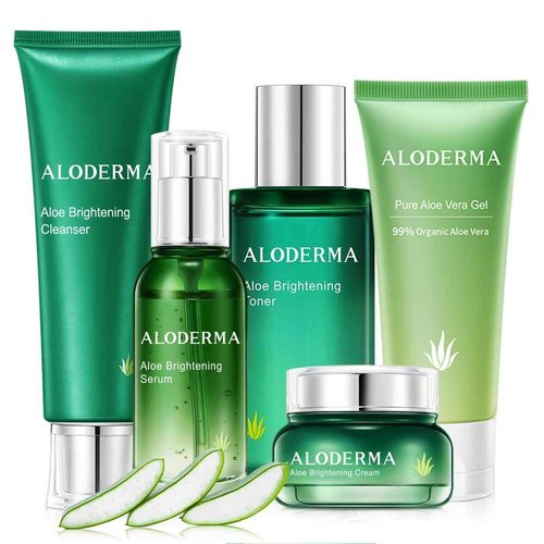 Aloderma Signature Aloe Brightening Set - 6 Pieces - Gel, Cleanser, Toner, Serum, Cream x2pcs
