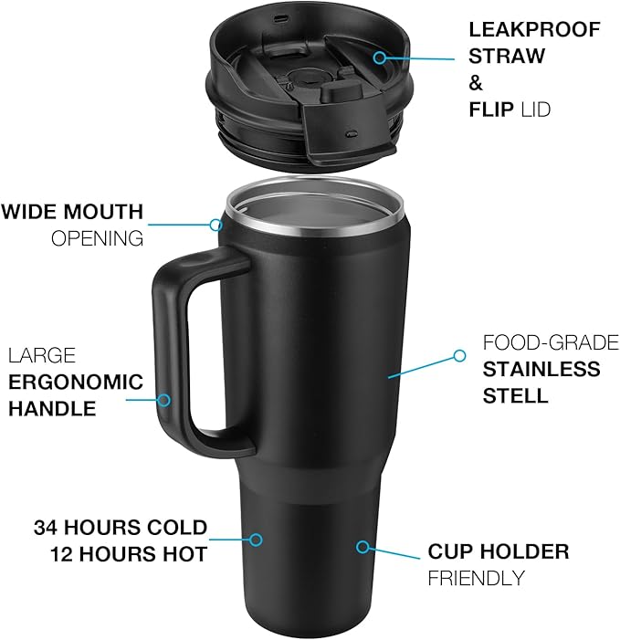 EALGRO 50 oz Tumbler with Handle, Insulated Tumblers with Lid and Straw, Large Metal Sports Water Bottle Jug, Thermal Stainless Steel Travel Coffee Mug Cup, Dark Rainbow