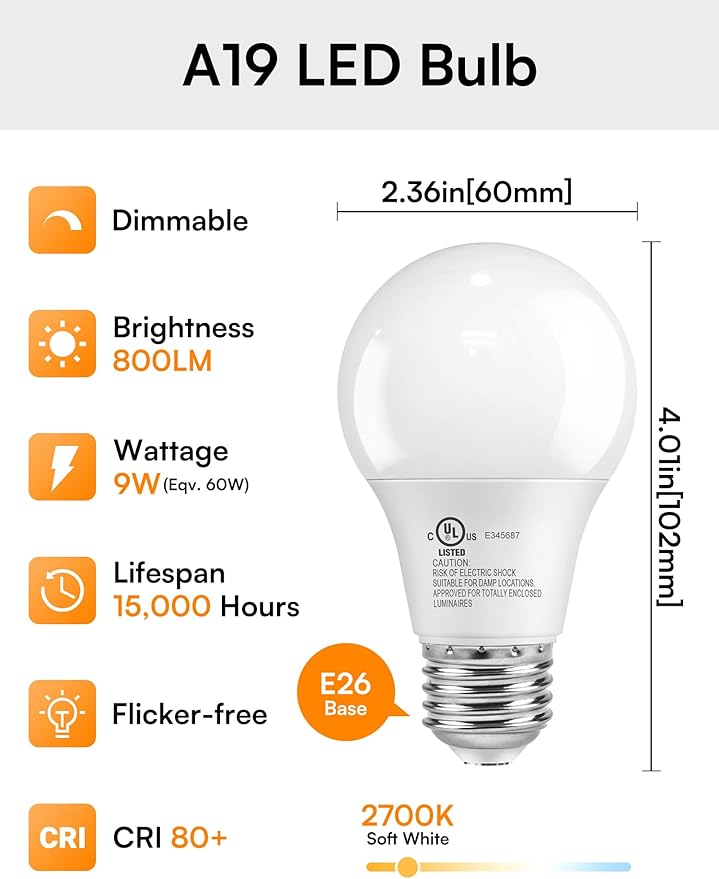 TJOY 8 Pack A19 Dimmable LED Light Bulbs, E26 Led Bulbs 60 Watt Equivalent, Warm Soft White 2700K, 800 Lumens Standard Base, Energy Saving Lightbulbs, Efficient 9W, 120V, 15,000 Hour Lifetime