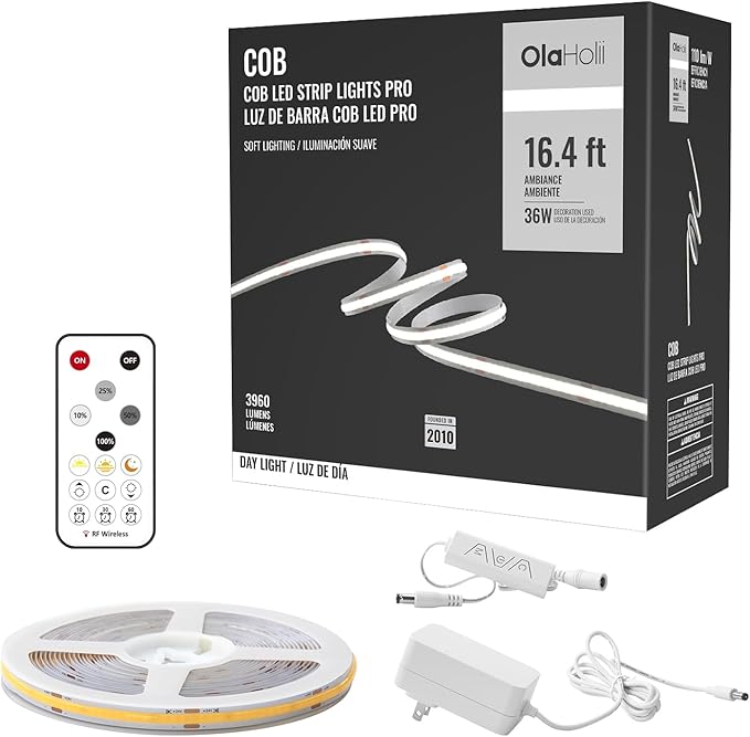 16.4ft COB Led Strip Light with Remote, 6500K Ra93+ Dimmable Bright Daylight White Led COB Strip Light, White Continuous Led Strip Light for Mirror, Stair, Cabinet, Room