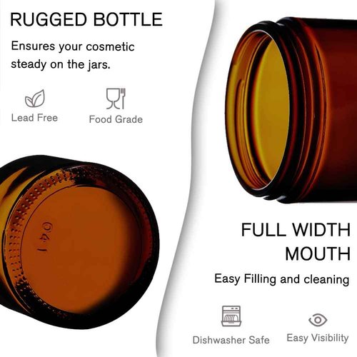 Bumobum 1 oz Amber Glass Jars with Lids, 105 pack Clear Small Jars with Black Lids, White Labels and Inner Liners, Empty Round Cosmetic Containers for Cream, Lotion (Amber 105 Pack)