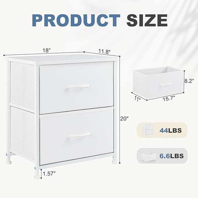 DUMOS Nightstand Small Dresser with 2 Fabric Drawers Side Tables Bedroom End Table Kids Bedside Storage Furniture for 20 inch Tall Night Stand for Closet, Entryway, College Dorm, White