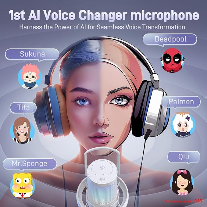 MAONO Wireless Gaming Microphone, USB Condenser Mic with Software, Noise Cancellation, AI Voice Changer, RGB Lights, Mute, Gain for Streaming Recording Podcast Computer PC Laptop, DM40 White