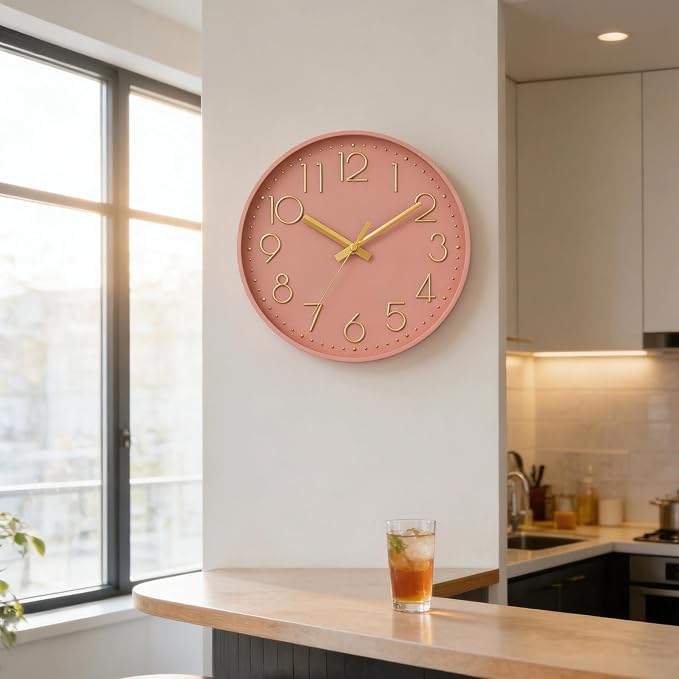 DAXSMY Wall Clock - 10 Inch Silent Non-Ticking Modern 3D Wall Clocks Battery Operated - Decorative Clock for Kitchen, Home Office, Bathroom, Bedroom(Pink)