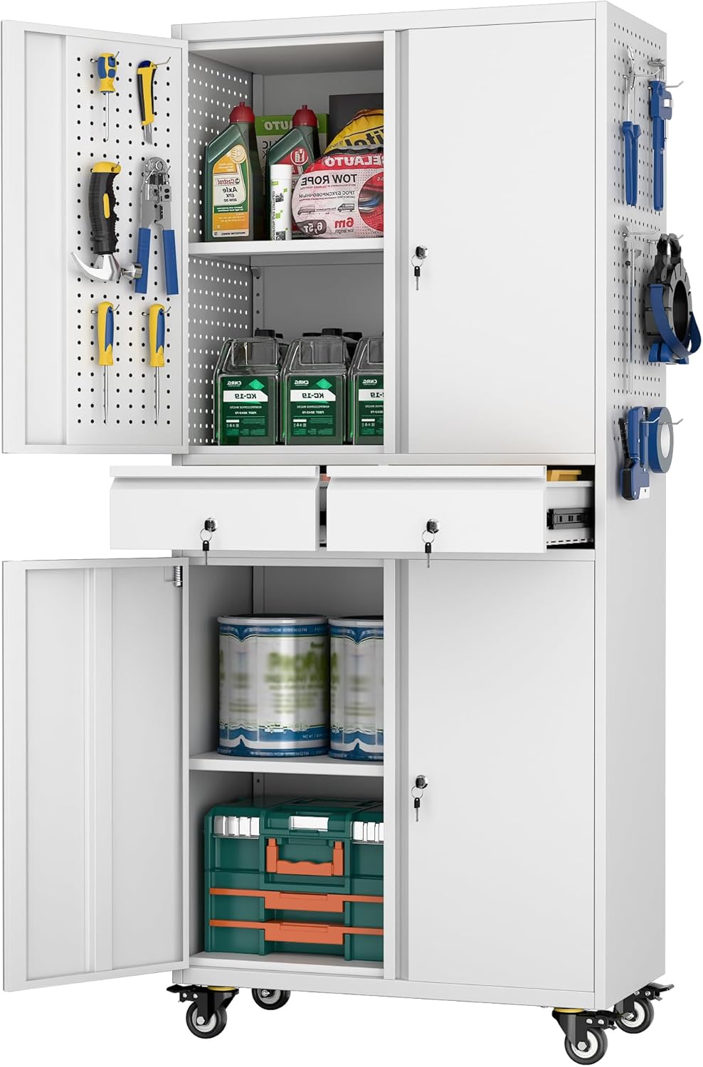 Metal Garage Storage Cabinet with Locking Doors and 2 Adjustable Shelves, Rolling Tool Storage Cabinet with 4 Wheels and 2 Drawer for Garage, Warehouse, White, Assembly Required