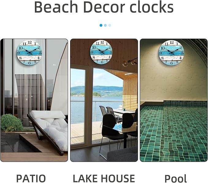 CHYLIN Wall Clock - Beach Themed Blue Wall Clocks Battery Operated Silent Non-Ticking, Coastal Nautical Clock Decorative for Home Kitchen Living Room Office Bathroom Bedroom(10 Inch)