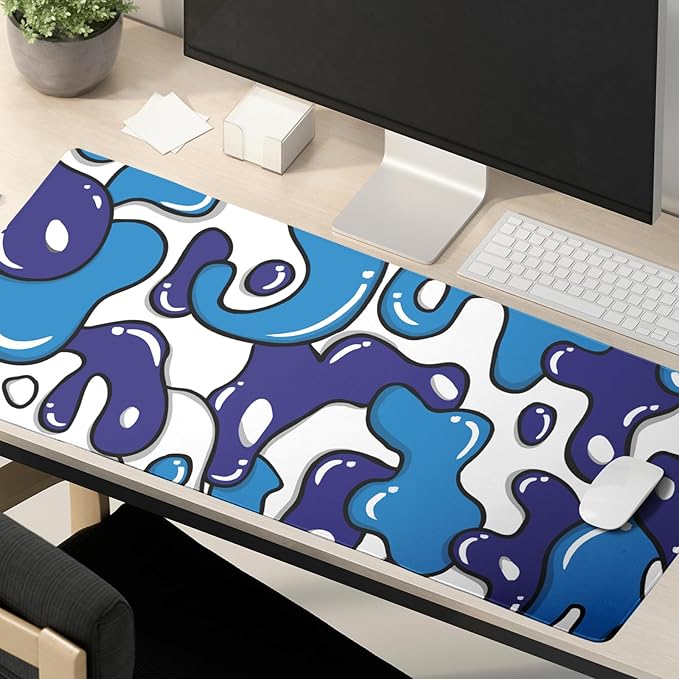 Navy Blue White Mouse Pad Extended Large 35.4x15.7in Japanese Geometric Desk Mat Anime Cool Large Mousepad XL Non-Slip Rubber Base Stitched Edge Gaming Mousepad PC Computer Desk Pad for Work Desktop