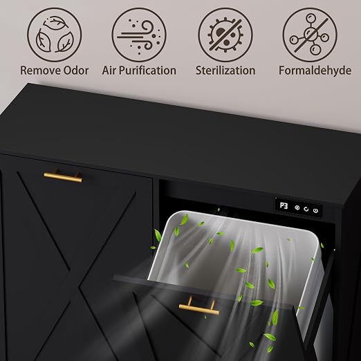 Double Tilt Out Trash Can Cabinet, Wooden Farmhouse Kitchen Garbage Bin Enclosure with Negative Ion Odor Control, Hidden Dog Proof Trash or Laundry Basket Storage for Laundry Room, Black