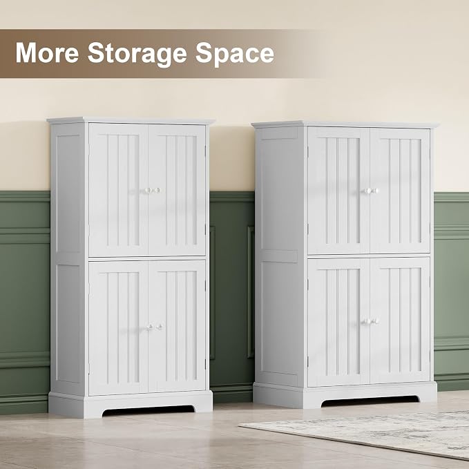 ChooChoo Bathroom Floor Cabinet, Modern Bathroom Storage Cabinet with 4 Doors and Adjustable Shelves, Freestanding Cupboard for Living Room, Kitchen Pantry, White