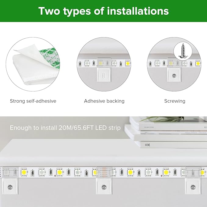 TYMXGHF transparent Strip Light Clips, Self Adhesive with Screws Mounting Holder, 20Pcs LED Strong Fixing Clips And Screws For 0.39in/10mm Width IP30/65 2-4PIN Strip Lights,Fairy Lights,String Lights