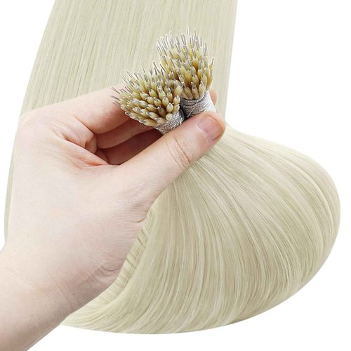 YoungSee Nano Bead Hair Extensions Human Hair Blonde Platinum 20 Inch Nano Ring Hair Extensions White Blonde Remy Hair Nano Tip Extensions Real Human Hair for Natural Look 50G