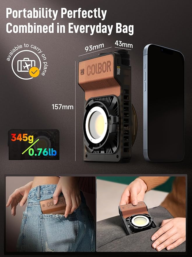 COLBOR W60R RGB Video Light, 60W 2700-6500K Full Color Pocket COB Continuous Output Lighting LED Studio Light CRI97+ TLCI98+ with APP Control for Photography
