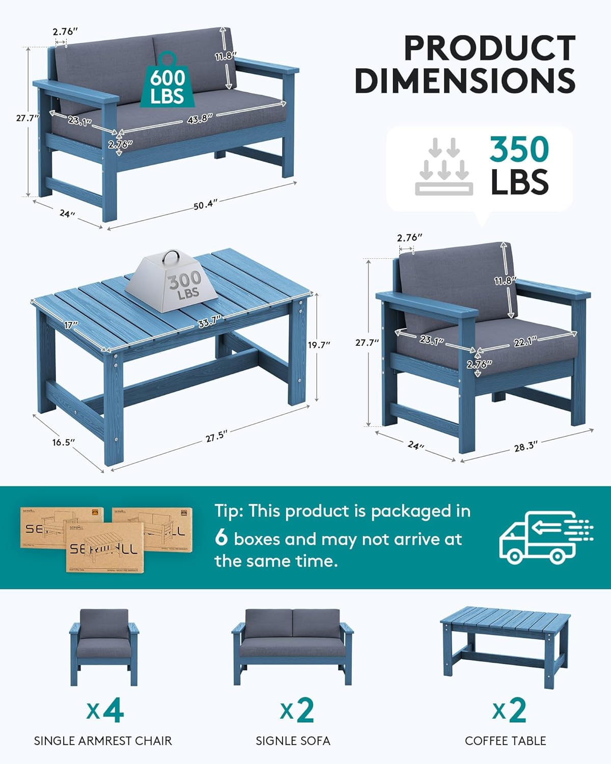 SERWALL 8 Pieces HDPE Outdoor Conversation Sofa Set with Cushion, All Weather Couch Loveseat Furniture Set with Pads, Outdoor Social Sofa Coffee Table Set, Blue Frame with Grey Cushions