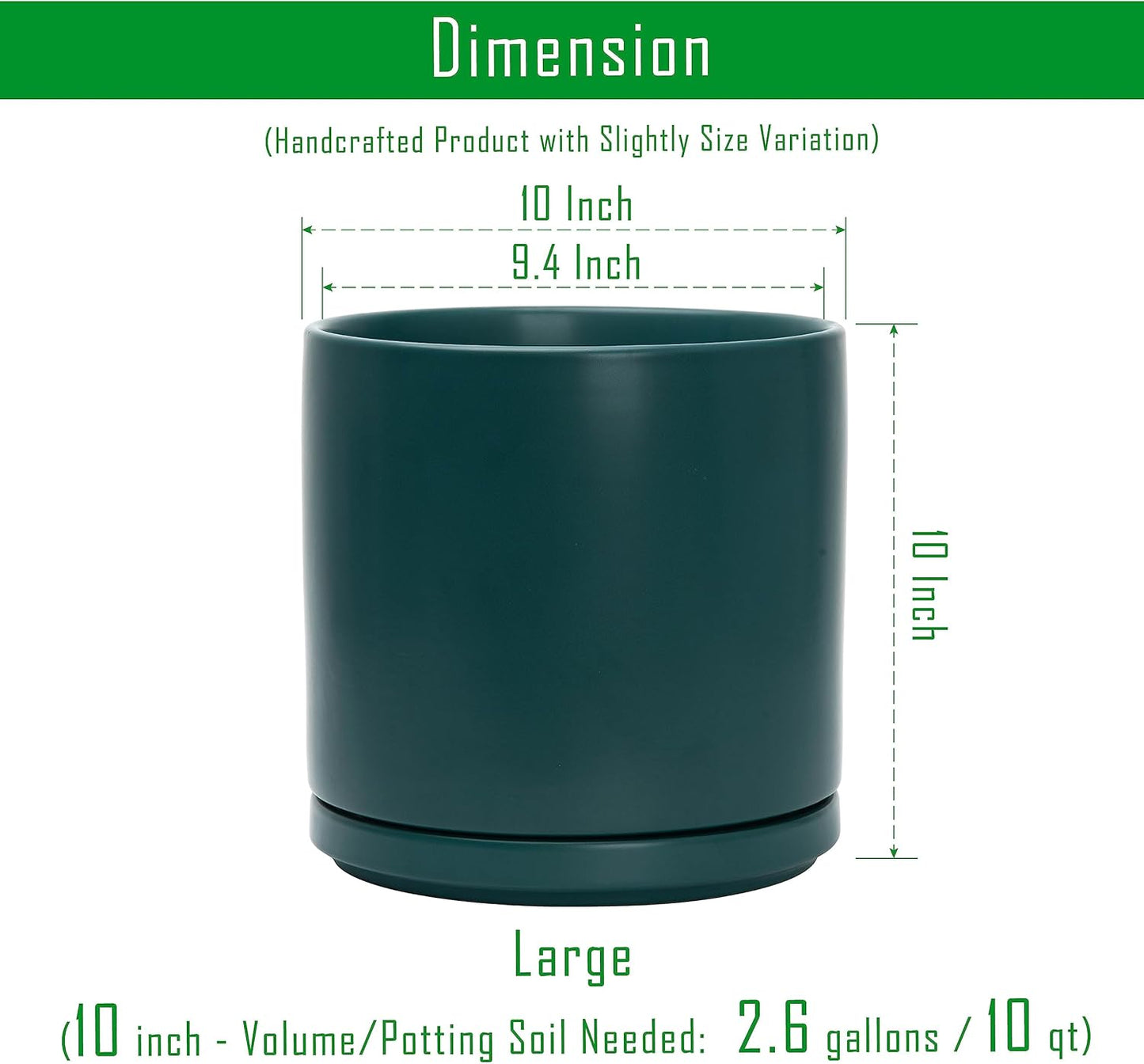 D'vine Dev 10 Inch Ceramic Planter Pot with Drainage Hole and Saucer, Indoor Cylinder Round Planter Pot, Teal, 94-O-E-9