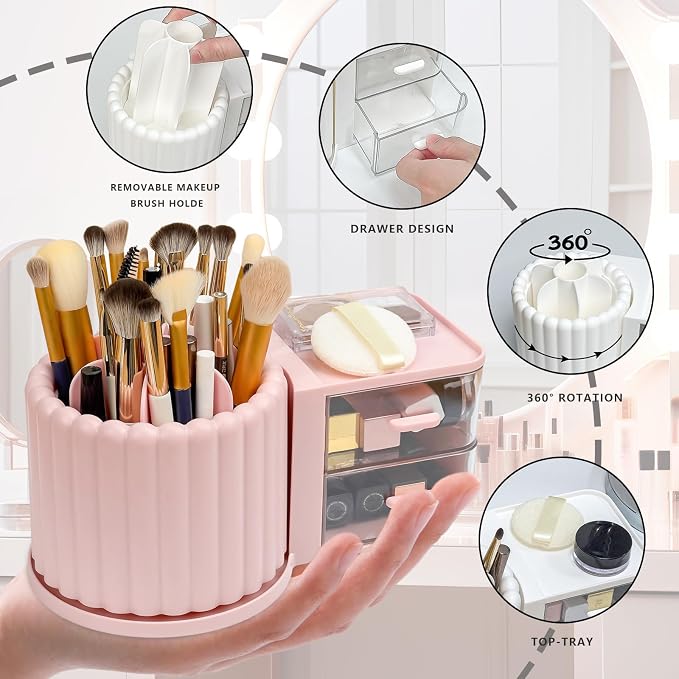 360 Rotating Makeup Organizer Countertop with 2 Drawers, Makeup Brush Holder, Small Preppy Organizer, 9.25x5.11 Inch, Pink