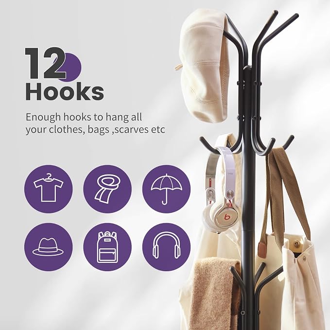 Coat Rack Freestanding,Entryway Hanger Stand,Umbrella Holder,Hall Tree With 12 Hooks, Floor Standing Metal Tree Stand,Black