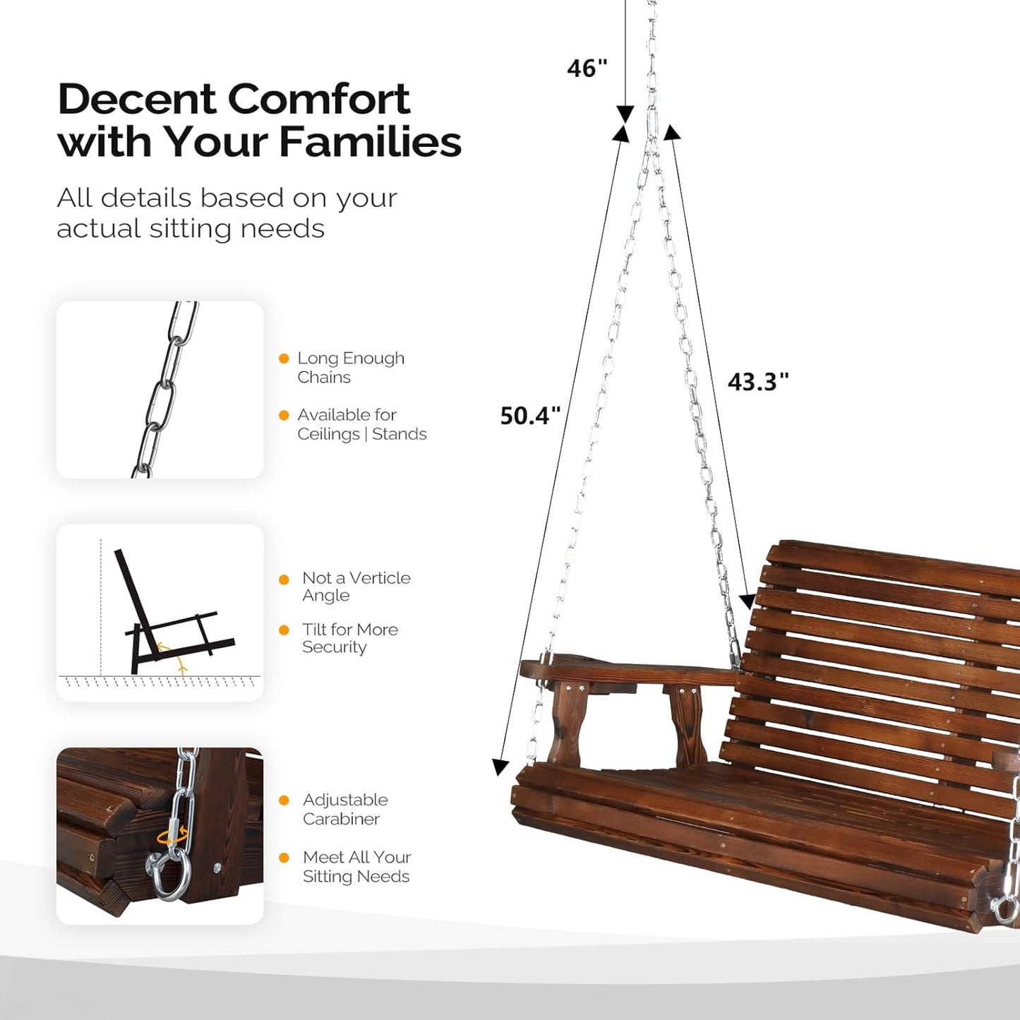 VINGLI XL Size Patio Wooden Porch Swing Outdoor with Cup Holders, Heavy Duty 880 LBS Hanging Swing Chair Bench with Hanging Chains for Yard, Lawn, Garden (4 FT Pro, Rustic)
