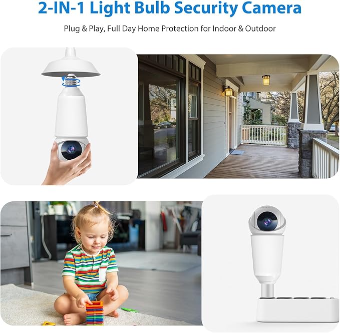 Light Bulb Security Camera, 2.4G&5G WiFi Lightbulb Cameras Wireless Outdoor, Smart AI Motion Detection, Color Night Vision, US Cloud Storage, 911 Emergency Calling, Outdoor Indoor Home Surveillance