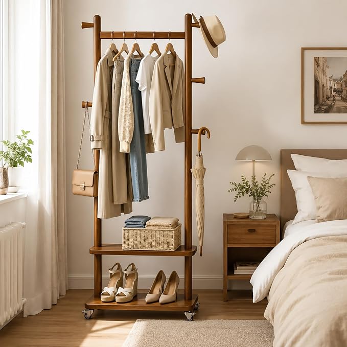Taitiy Coat Rack Freestanding Clothing Rack with Wheels & 2 Shelves Storage & 5 Hooks Heavy Duty Clothes Rack Wood Coat Tree Stand Hat Hanger Rack for Corner Bedroom Entryway Living Room Hotel Size L