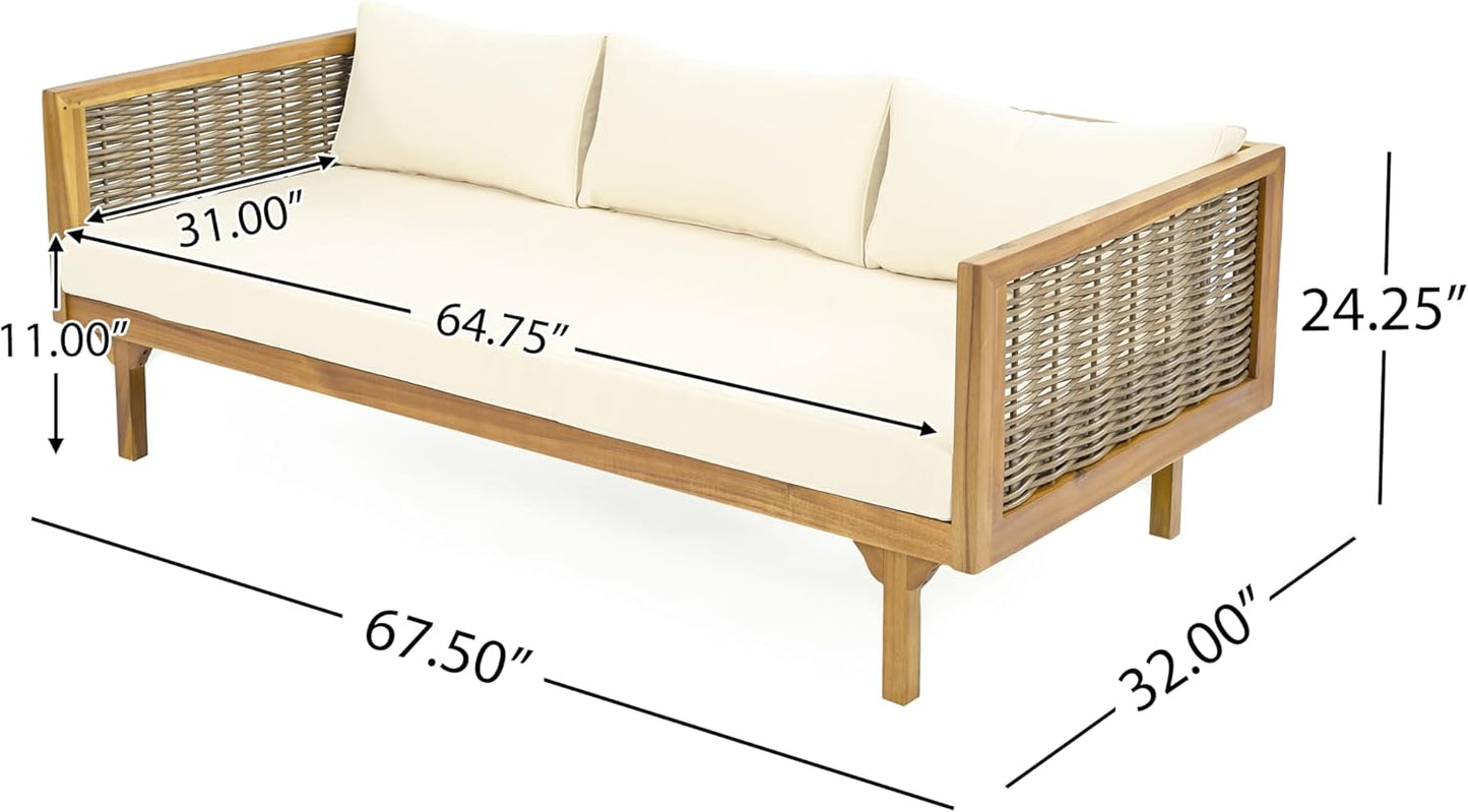 Christopher Knight Home Claremont Patio Sofa and Coffee Table Set, 2 Piece Wicker Patio Furniture Set, Acacia Wood 3 Seater Outdoor Sofa Daybed and Coffee Table Set, Teak+Beige