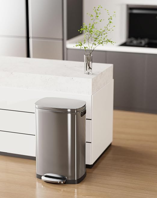 ELPHECO Kitchen Trash Can with Lid Soft Close,13 Gallon / 50L Stainless Steel Pedal Garbage Can, Heavy-Duty Fingerprint Proof Step Wastebasket with 20 Bags, Removable Bucket, Home Office, Silver
