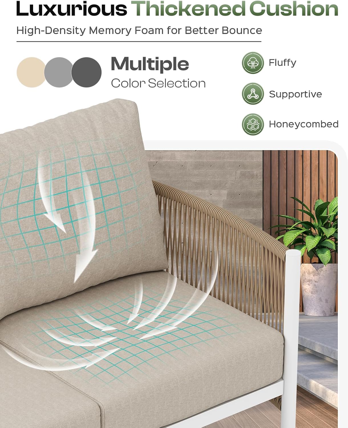 Aluminum Outdoor Patio Furniture Set, HDPE Rope 4 Piece Modern Sectional Conversation Sets with Dual-Layer Coffee Table, All Weather Patio Couch Set with Thick Cushions, White Frame, Ivory