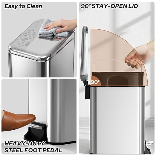 Small Bathroom Trash Can w/Lid Soft Close, 6 Liter/1.6 Gallon Stainless Steel Garbage Can w/Inner Bucket, Trash Bin Waste Basket for Kitchen, Bedroom, Living Room, Office, Toilet, Silver