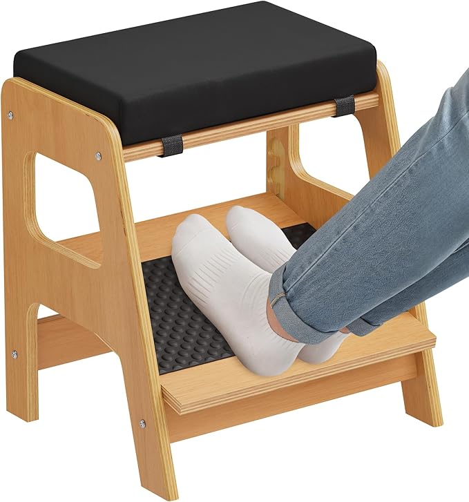 Adjustable Wooden Foot Rest, Double Step Footstool with 3 Height Levels, Cushioned Top & Non-Slip Base, Ergonomic Under Desk Leg Rest for Office Home