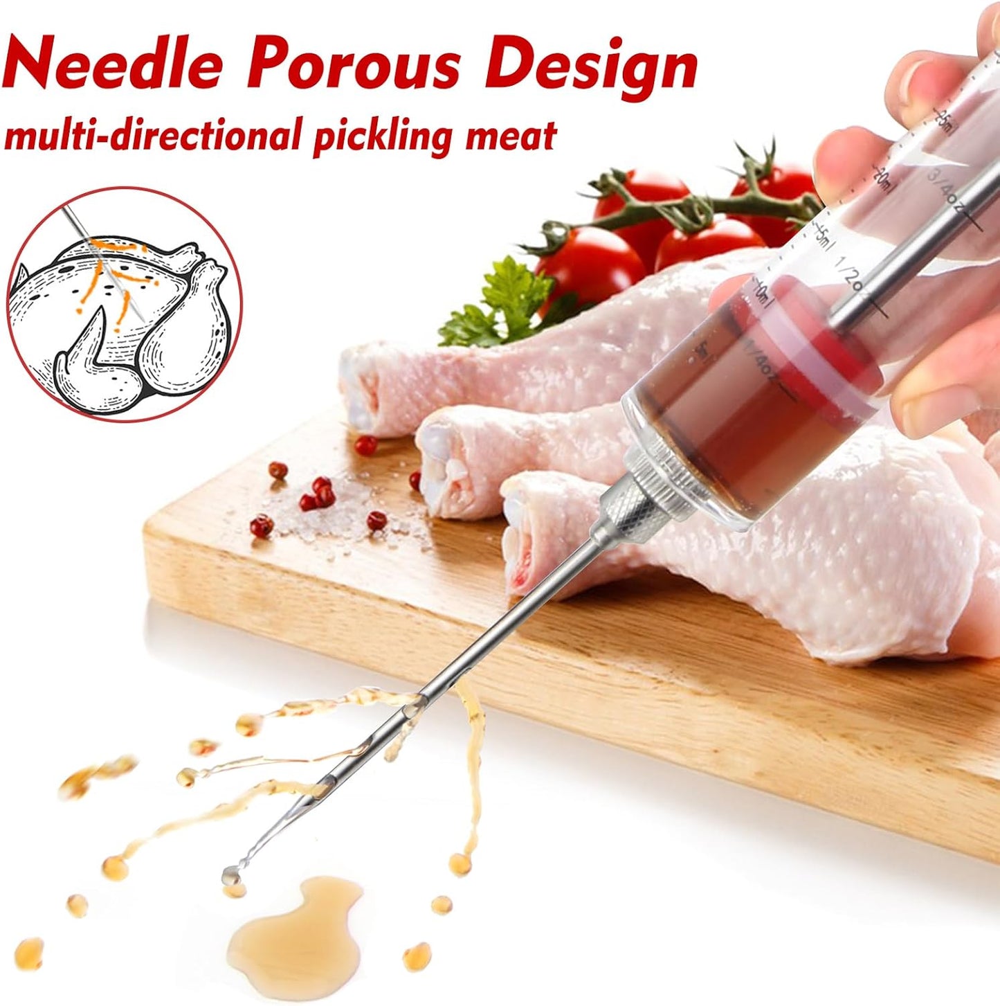 TGE-V 1-oz Plastic BBQ Marinade Injector Kit, Turkey Injector Syringe (3 Stainless Steel Meat Needles + 3 Replacement O Rings + 1 Cleaning Brush) for Smoked BBQ Grill