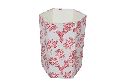 Generic 3.3 Gallon Cotton Hand Block Printed Paper Waste Basket |Small Decorative Trash Can for Housewarming Gifts in Living Room, Bedroom, Bathroom | Eco-Friendly, Plastic-Free (1, PINK BIRD)