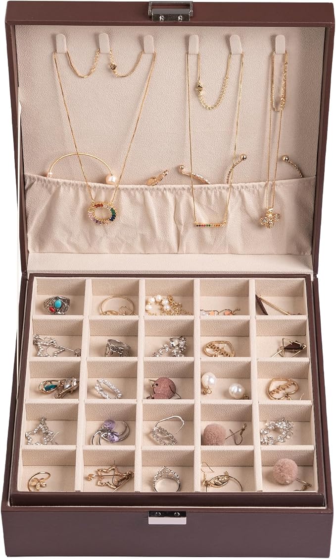 Frebeauty Earring Organizer Classic Jewelry Box 50 Slots Double Layer Jewelry Storage Case with 6 Necklace Hook and Bracelet Pocket(Dark Brown)