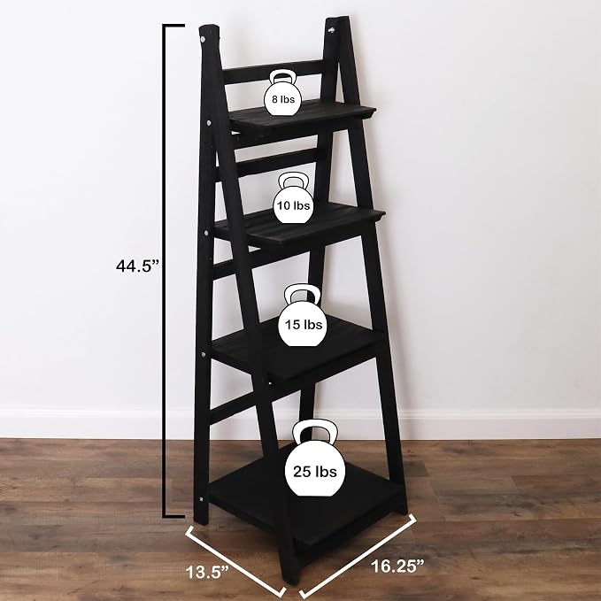 Distressed Ladder Shelf - Rustic Leaning Bookshelf for Home Decor (Black)