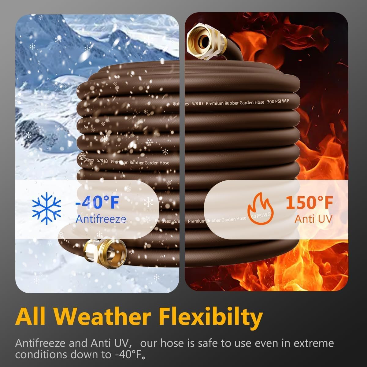 Garden Hose 90FT x 5/8", Heavy Duty Rubber Hose, Water Hose with Five Layered Braiding, Male to Female Fittings, 1000PSI Burst, 300PSI Working (Brown)