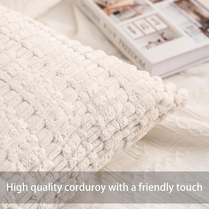 Aegero Pack of 2 Corduroy Decorative Throw Pillow Covers 22x22 Inch Soft Striped Pillow Covers Modern Farmhouse Home Decor for Sofa Living Room Couch Bed（Cream White）