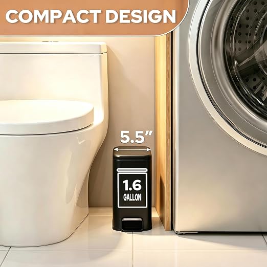 Small Bathroom Trash Can w/Lid Soft Close, 6 Liter/1.6 Gallon Stainless Steel Garbage Can w/Inner Bucket, Trash Bin Waste Basket for Kitchen, Bedroom, Living Room, Office, Toilet, Black