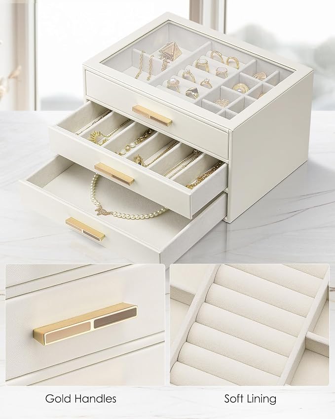 VLANDO Jewelry Box for Women, 3-Layer Jewelry Organizer with Drawers, Glass Lid Display Jewelry Storage, Soft PU Leather Exterior, Contrast Gold Metal Handles, Refined Style - Cloud White